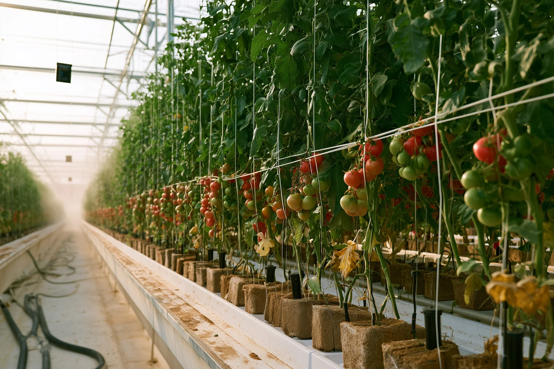 Rows of tomato vines on high-wire trellis inside a bright commercial greenhouse, black drip irrigation lines running along the grow bags, sunlight hazing the far end