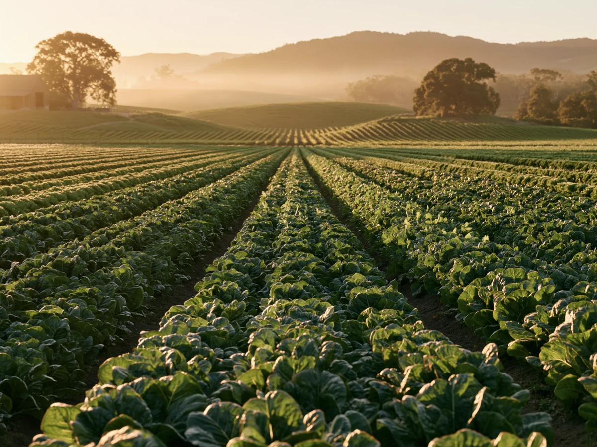 Rows of leafy green crops running toward soft hills under a low golden sun