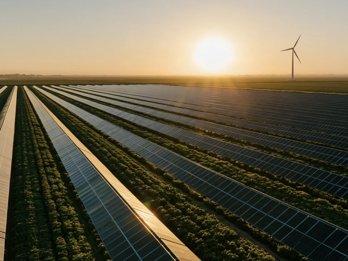 Solar panels standing over rows of green crops at golden hour, a wind turbine on the horizon